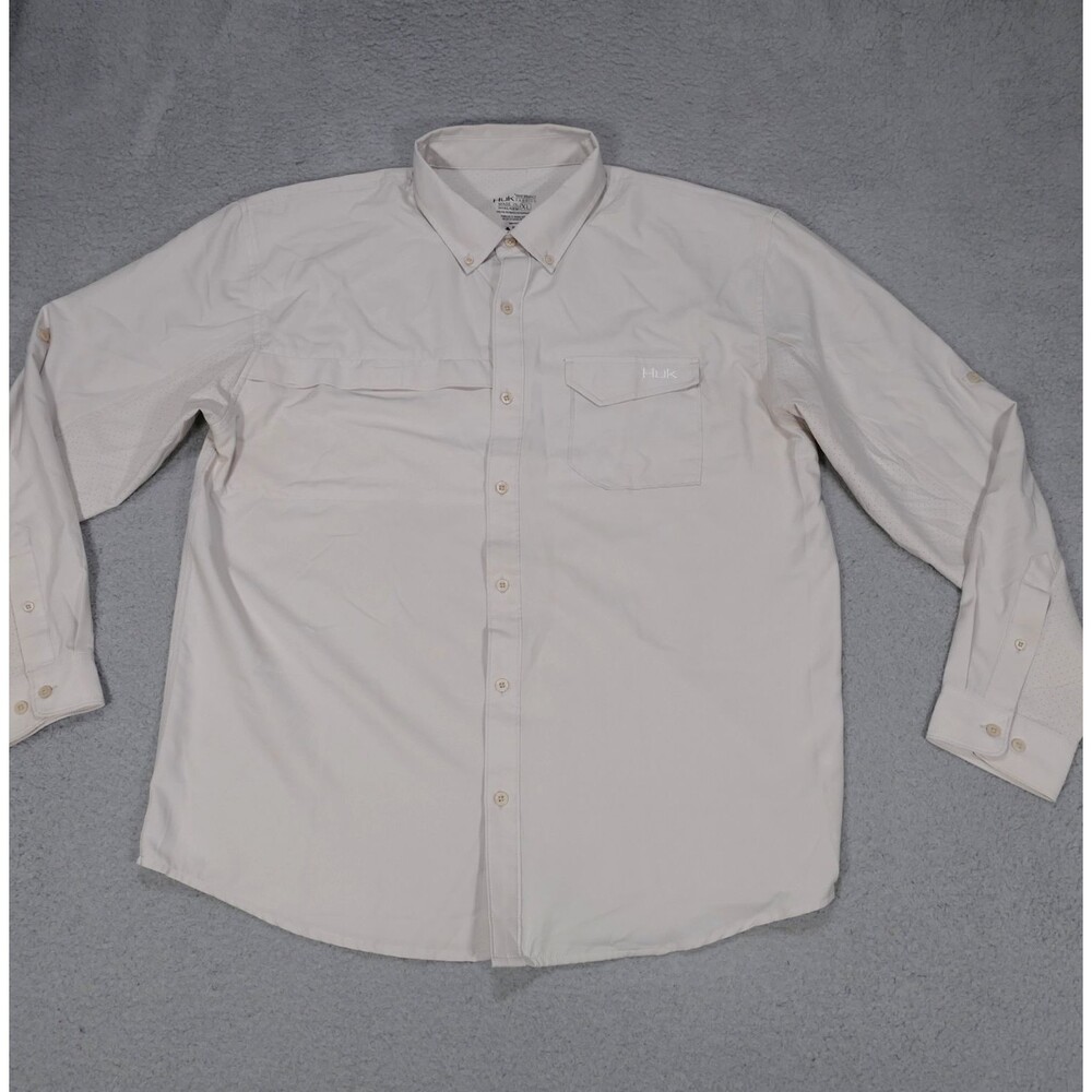 Huk Fishing Shirt Mens XL Beige Long Sleeve Performance Button Front Lightweight